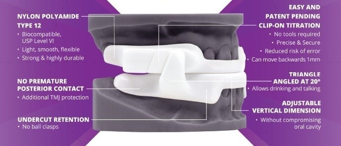 Two-piece mandibular advancement device without elastic retention band